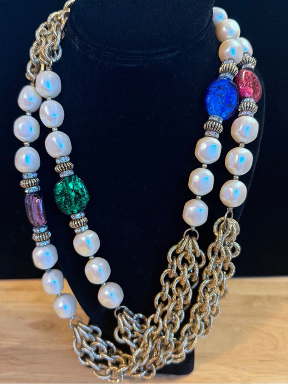 Vintage Multi Chain Glass Beads Pearls  Chunky Statement Necklace 24”